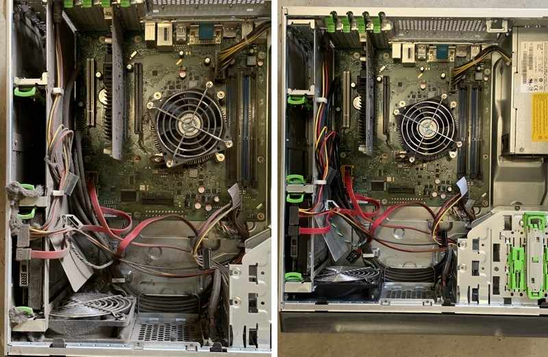 Fyzické čištění počítače, vlevo původní, vpravo vyčištěný